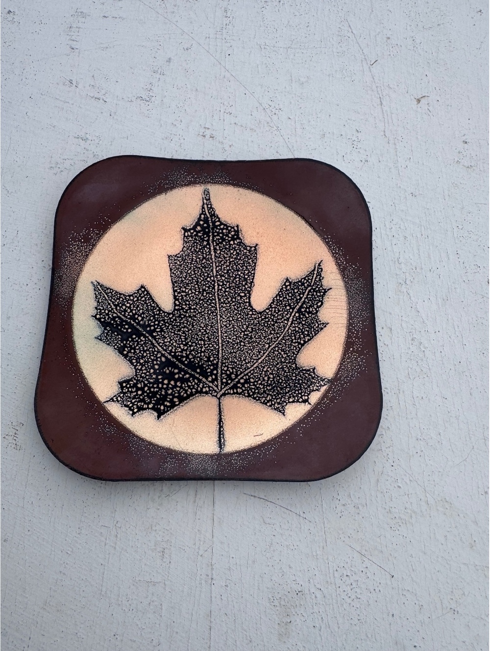 Vintage Signed Enamel on Copper Maple Leaf Trivet Dish Mid Century Studio Art